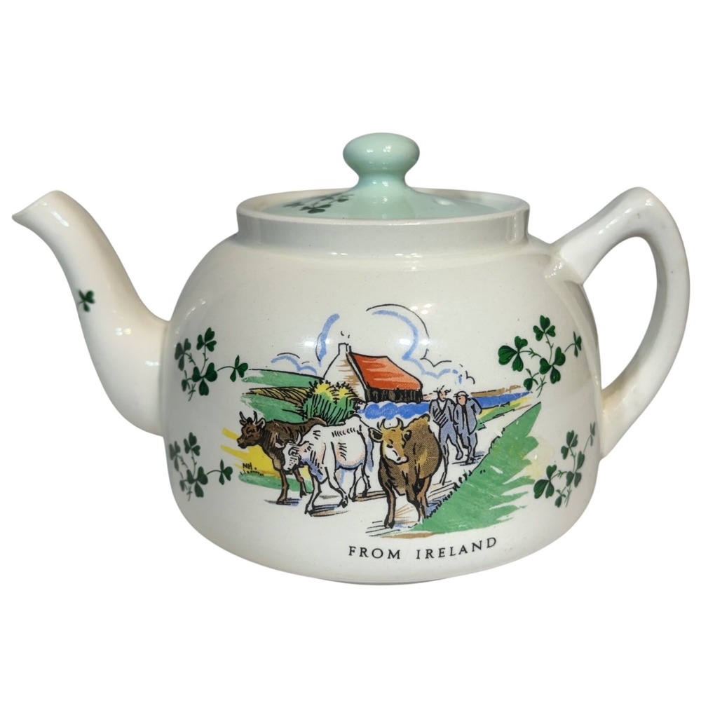 Carrigaline Pottery Teapot Small Cream Green Irish Countryside Farm Shamrock